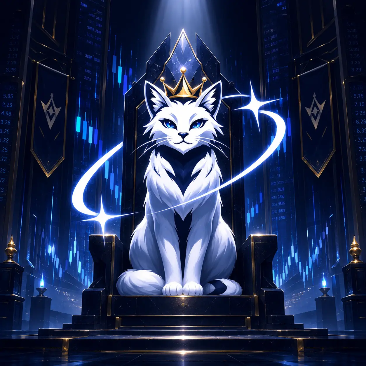 The MEOWFI cat crowned upon the throne
