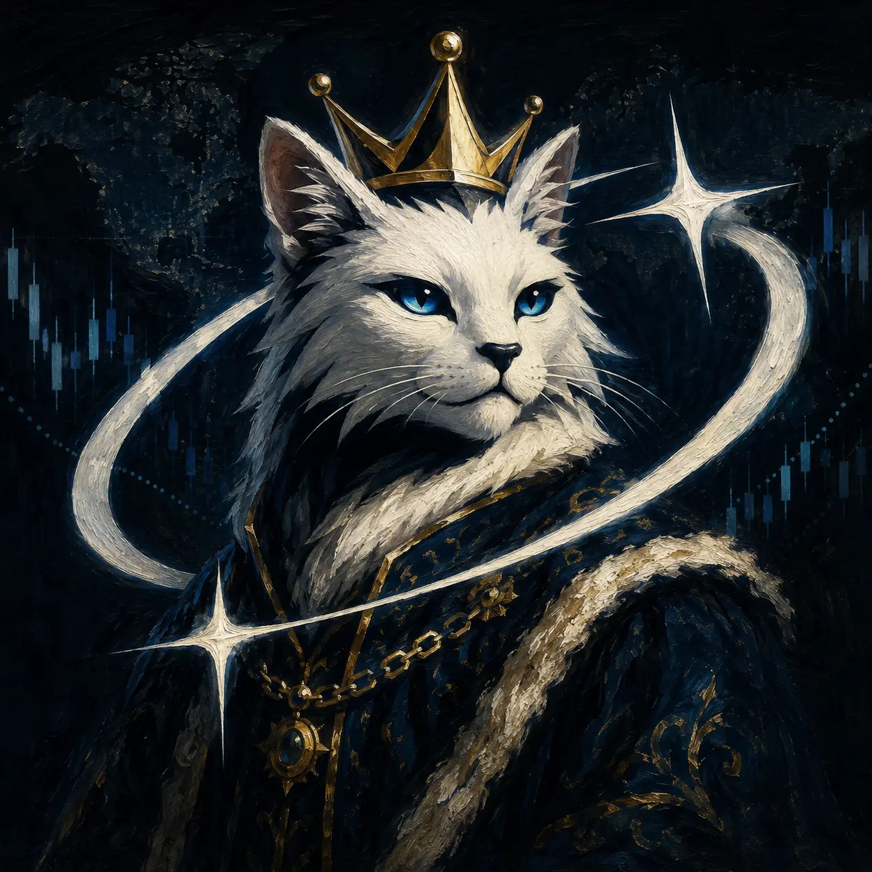 Royal oil-painted portrait of the crowned MEOWFI cat