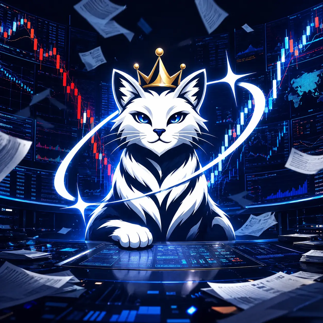 The crowned cat calm at a volatile trading terminal