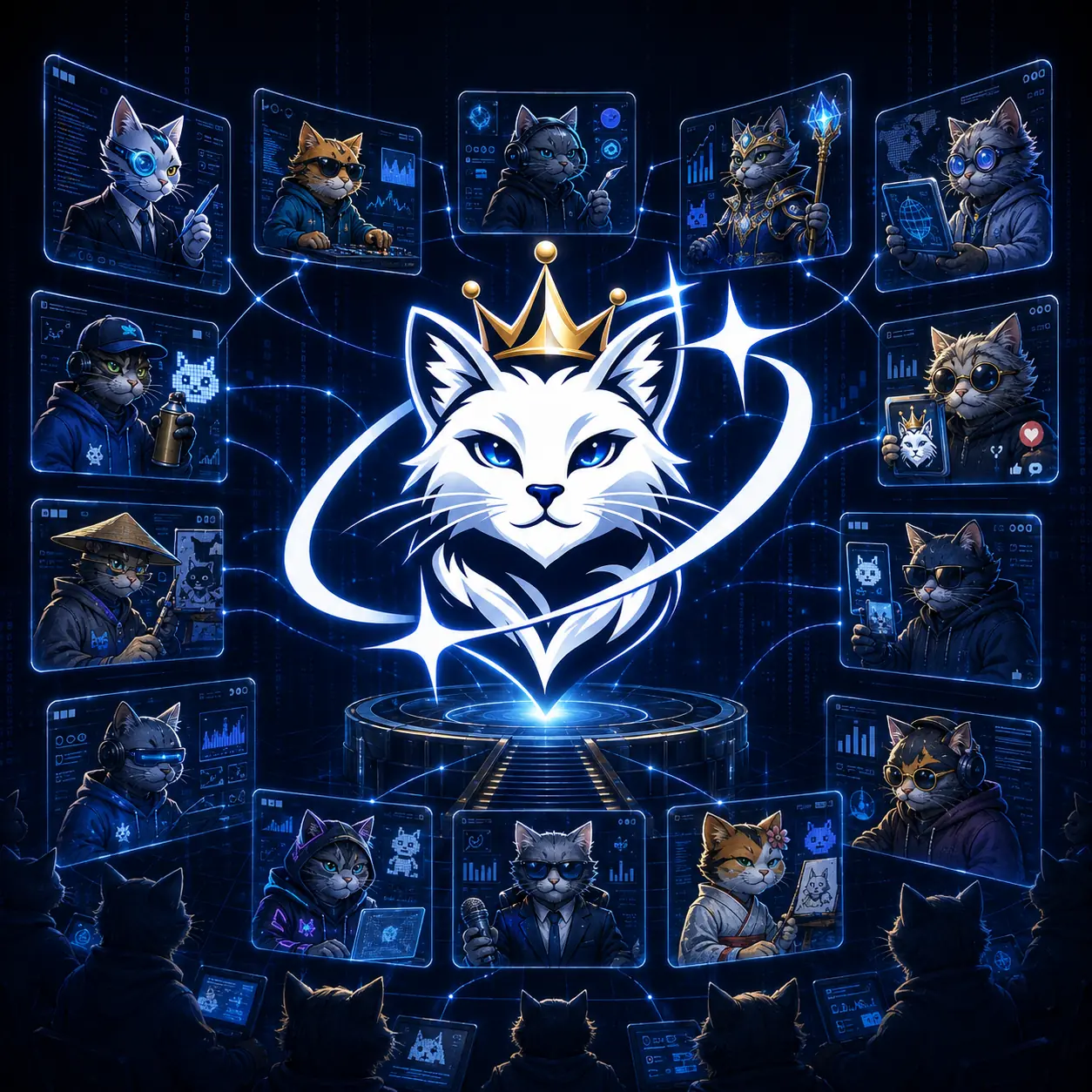 A network of meme cats broadcasting across screens